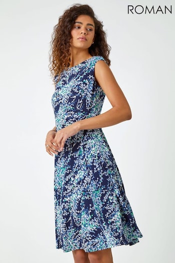 Roman Blue Textured Floral Print Ruched Dress (Q48988) | £40