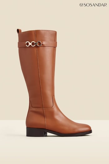 Sosandar Brown Leather Flat Knee High Boots With Metal Trim (Q49014) | £165