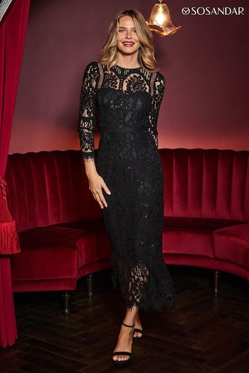 Sosandar Black Luxe Lace Pencil Dress (Q49016) | £95