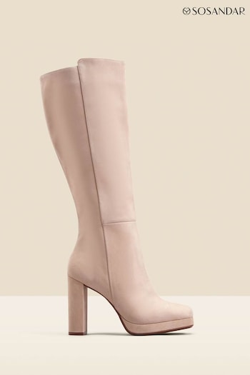 Sosandar Cream Nubuck Leather Platform Block Heel Knee High Boots (Q49054) | £189