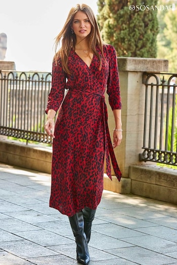 Sosandar Red Ruched Sleeve Midi Wrap Dress (Q49074) | £75