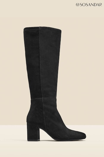Sosandar Black Stretch Suede Low Block Heel Knee High Boots (Q49080) | £165