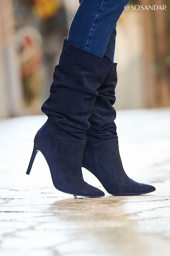 Sosandar Blue Suede Slouch Stiletto Heel Moschino logo slingback sandals (Q49089) | £165
