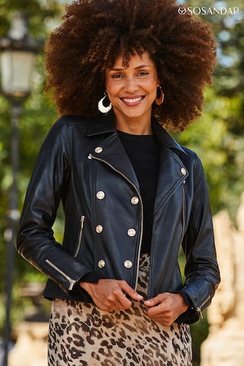 Sosandar Black Leather Button Detail Leather Jacket (Q49115) | £275