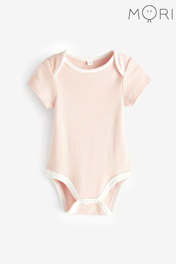 MORI Pink Organic Cotton Stripe Short Sleeve Envelope Neckline Bodysuit (Q49252) | £18