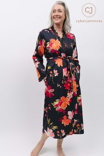 Cyberjammies Black Nora Rose Floral Print Long Dressing Gown (Q49286) | £49