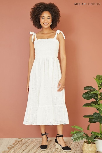 Mela White Broderie Anglaise Ruched Midi Sundress With Tie Sleeves (Q49536) | £42