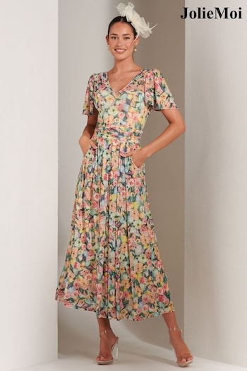 Jolie Moi Yellow Bianca V-Neck Pleated Mesh Maxi Dress (Q49540) | £85