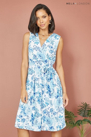 Mela Blue Floral Wrap Over Skater Dress panels (Q49542) | £40