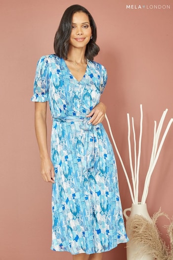 Mela Blue Abstract Print Tea Dress With Pleats And Front Split (Q49543) | £45