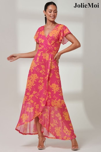Jolie Moi Pink Floral Gisselle Ruffle Hem Mesh Maxi Dress (Q49547) | £85