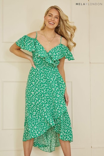 Mela Green Ditsy Print Bardot Midi Dress With Dip Hem (Q49548) | £40