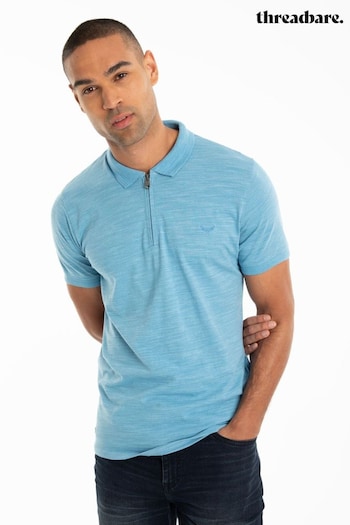 Threadbare Tranquil Blue Waffle Knit Zip Collar Polo Shirt (Q49676) | £20