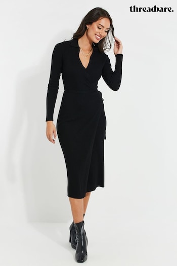 Threadbare Black Ribbed Wrap Dress (Q49818) | £26