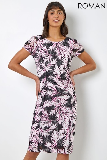 Roman Black Leaf Print Ruched Lace Dress (Q49883) | £40