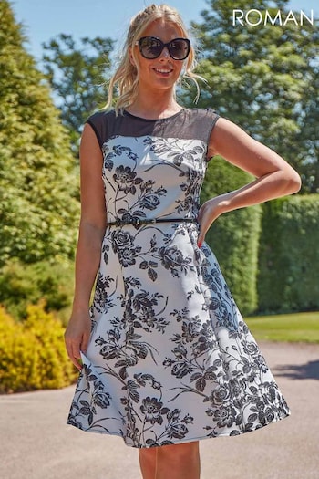 Roman Cream Floral Print Fit and Flare Dress (Q50012) | £45