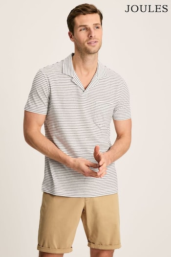 Joules Linen Blend White Striped Polo Shirt (Q50029) | £39.95