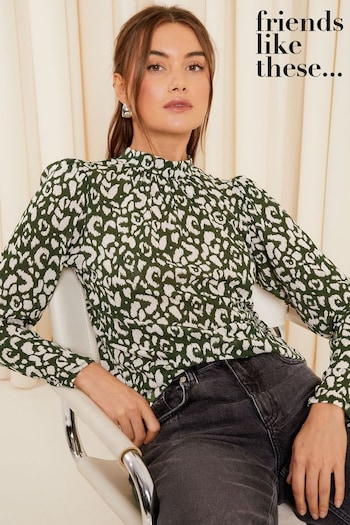 Friends Like These Green Long Sleeve Textured Jersey High Neck Blouse (Q50412) | £29