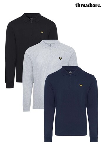 Threadbare Grey Cotton Long Sleeve Polo Shirt 3 Pack (Q50649) | £48