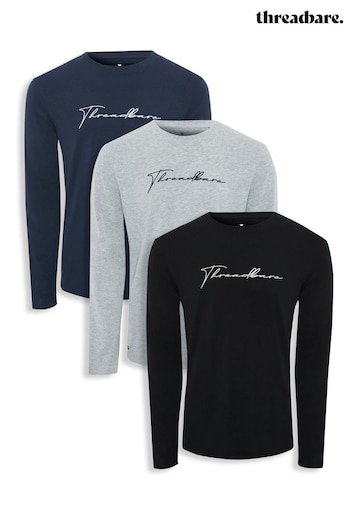 Threadbare Grey Cotton Long Sleeve T-Shirt 3 Pack (Q50677) | £34