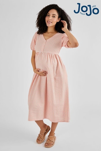 JoJo Maman Bébé Coral Gingham Puff Sleeve Maternity Midi Dress (Q50714) | £49.50