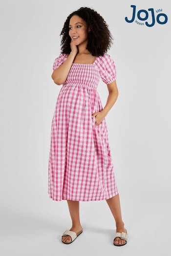 JoJo Maman Bébé Pink Gingham Shirred Maternity Midi Dress (Q50717) | £49.50