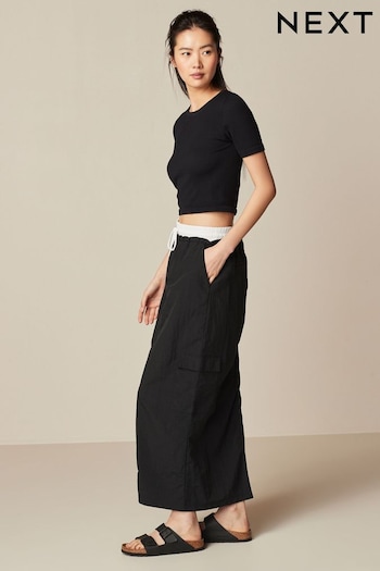 Black Contrast Waistband Nylon Midi Skirt (Q50788) | £28
