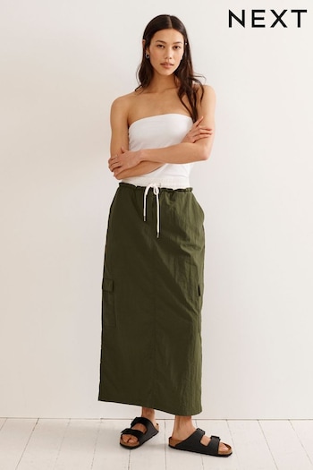 Khaki Green Contrast Waistband Nylon Midi Skirt (Q50794) | £28