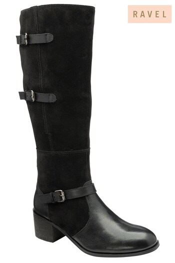Ravel Black Leather & Suede Zip-Up Knee High Boots (Q50893) | £135