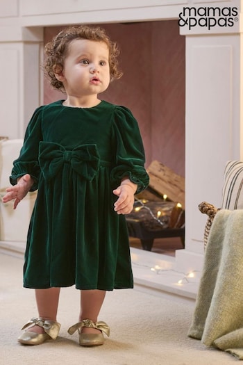 Mamas & Papas Green Velvet Bow Dress (Q51080) | £35