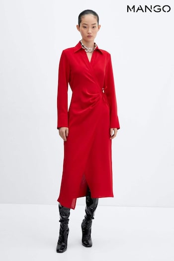 Mango Red Shirt Style Long Sleeved Cross-Over Design Midi Dress (Q51640) | £60