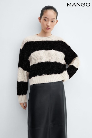 Mango Round Neck Cable Knit Long Sleeved Nude & Black Jumper (Q51784) | £50