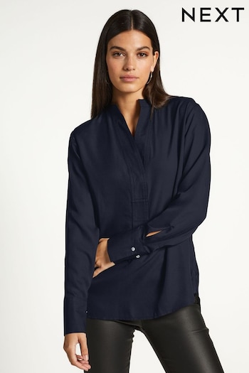 Navy Blue Long Sleeve Overhead V-Neck Relaxed Fit Blouse (Q51836) | £24