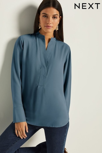 Blue Long Sleeve Overhead V-Neck Relaxed Fit Blouse (Q51839) | £24