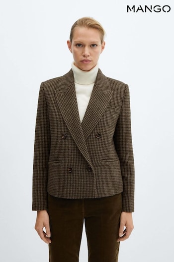 Mango Houndstooth Print Double Breasted Brown Blazer (Q52222) | £90