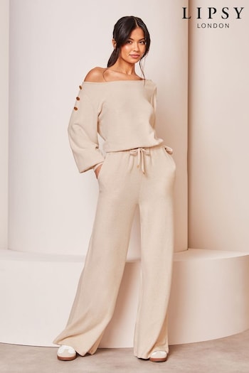 Lipsy Cream Cosy Off The Shoulder Long Sleeve Jumpsuit (Q52287) | £49