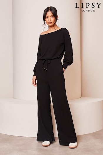 Lipsy Black Petite Cosy Off The Shoulder Long Sleeve Jumpsuit (Q52290) | £49