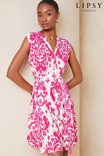 Lipsy Pink Print Sleeveless Lightweight Summer Shirt Mini Dress Fleece (Q53176) | £39