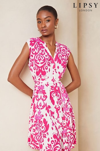 Lipsy Pink Print Petite Sleeveless Lightweight Summer Shirt Mini organisch Dress (Q53179) | £39