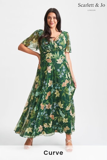 Scarlett & Jo Green Floral Isabelle Rose Angel Sleeve Maxi Dress (Q53273) | £95
