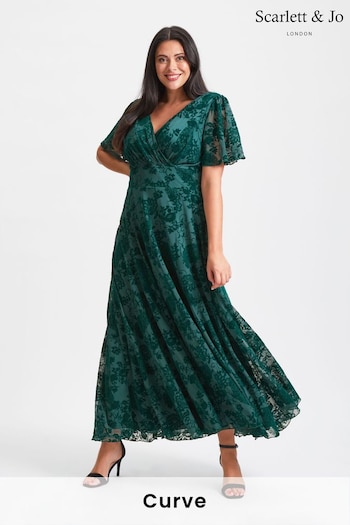 Scarlett & Jo Green Isabelle Velvet Flock Angel Sleeve Maxi Dress (Q53282) | £110