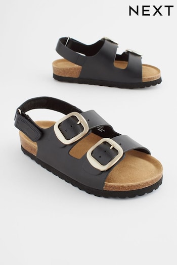 Black Leather Wide Fit (G) Two Strap Corkbed Sandals (Q53424) | £18 - £25