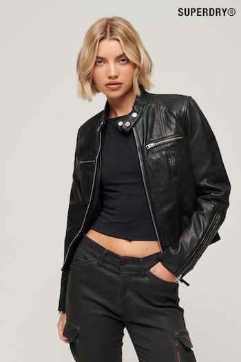 Superdry Black Fitted Leather Racer Jacket (Q53510) | £200