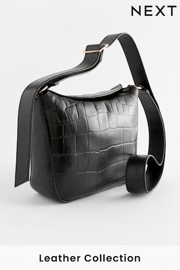 Black Leather Croc Effect Cross-Body Bag (Q53551) | £58