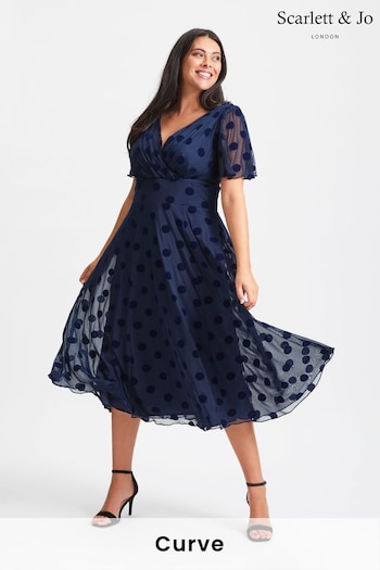 Scarlett & Jo Blue Victoria Flock Angel Sleeve Mesh Midi long Dress (Q53564) | £90