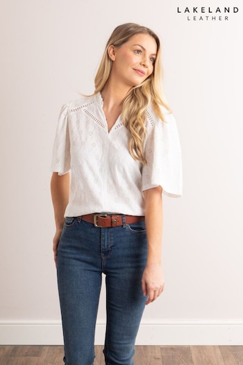 Lakeland graphic-print Clothing Sasha Pointelle Short Sleeve White Blouse (Q53638) | £35