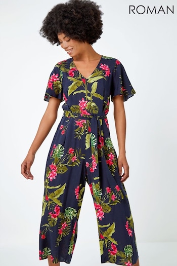 Roman Black Tropical Print Belted Jumpsuit (Q54154) | £42