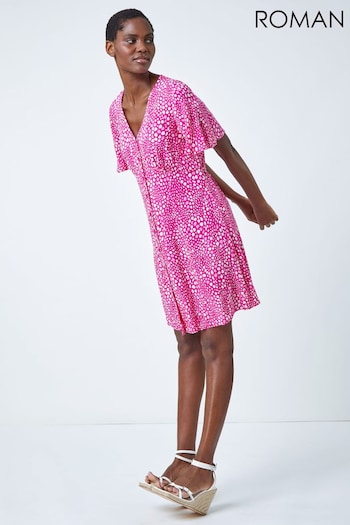 Roman Pink Ditsy Spot Print Button Dress (Q54181) | £38