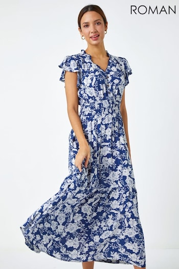Roman Blue Floral Print Frill Detail Midi Dress (Q54192) | £42