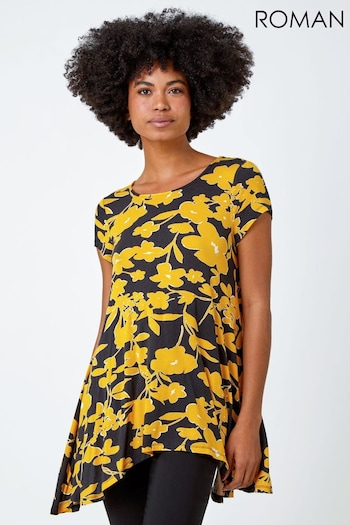 Roman Yellow Contrast Floral Print Hanky Hem Tunic (Q54199) | £26